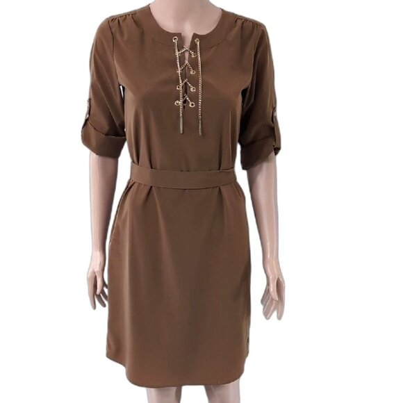 Michael Kors Brown Sheath Dress with Crew Neck and 3/4 Sleeves - Picture 2 of 12